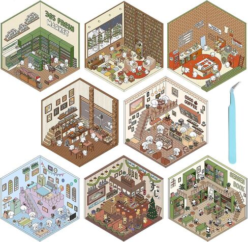 8 Sets DIY 3D House Stickers, DIY Stickers Scene, Miniature Scene Stickers Make Your Own Supermarket Coffee Shop Restaurant Bookstore for Adult Kids in Saudi Arabia