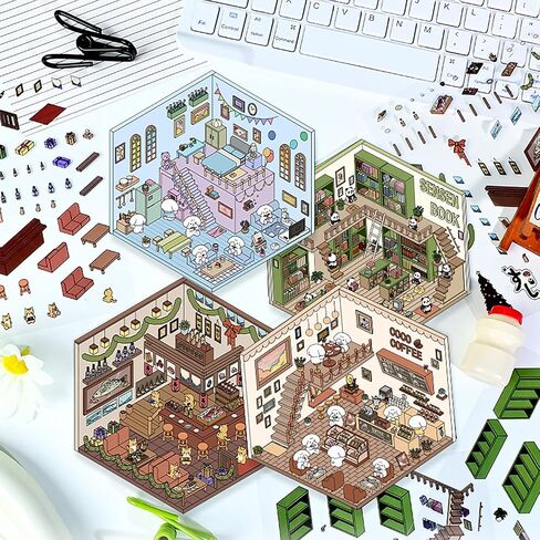 8 Sets DIY 3D House Stickers, DIY Stickers Scene, Miniature Scene Stickers Make Your Own Supermarket Coffee Shop Restaurant Bookstore for Adult Kids in Saudi Arabia