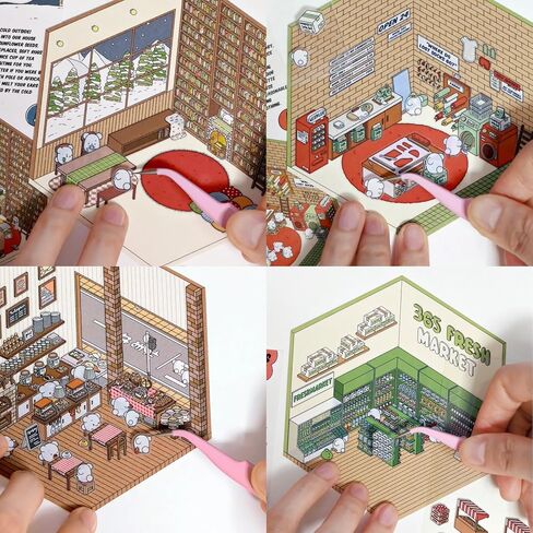 8 Sets DIY 3D House Stickers, DIY Stickers Scene, Miniature Scene Stickers Make Your Own Supermarket Coffee Shop Restaurant Bookstore for Adult Kids in Saudi Arabia