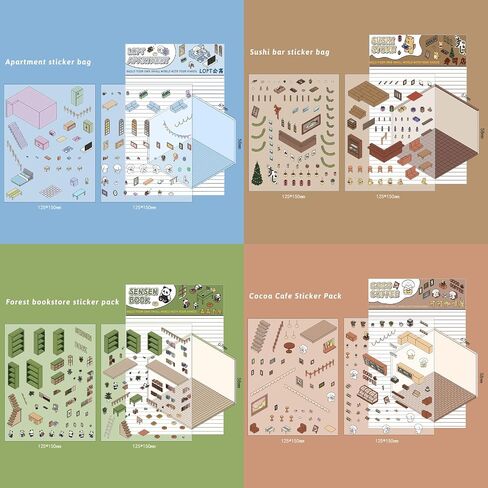 8 Sets DIY 3D House Stickers, DIY Stickers Scene, Miniature Scene Stickers Make Your Own Supermarket Coffee Shop Restaurant Bookstore for Adult Kids in Saudi Arabia