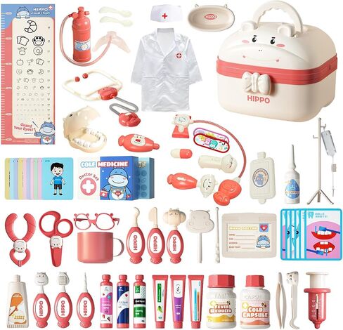 RedCrab Kids Medical Kit 60+pcs, Cute Hippo Dentist Role Players with Clothes, Toddler Preschool Pretend Doctor Playset with Carry Case, Medical Playset for 3-8 Boys and Girls (Blue) in Saudi Arabia