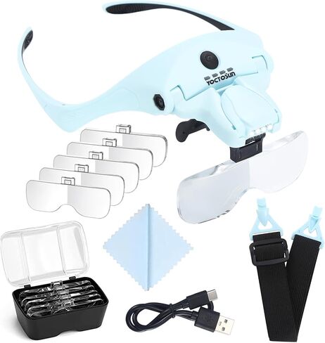 YOCTOSUN Magnifying Glasses with Light, Hands Free Headband Magnifier with 4 LED Lights and 5 Detachable Lenses 1X to 3.5X,Rechargeable Head Magnifier Glasses for Crafts, Hobby, Close Work in Kuwait