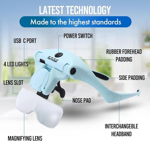 YOCTOSUN Magnifying Glasses with Light, Hands Free Headband Magnifier with 4 LED Lights and 5 Detachable Lenses 1X to 3.5X,Rechargeable Head Magnifier Glasses for Crafts, Hobby, Close Work in Kuwait