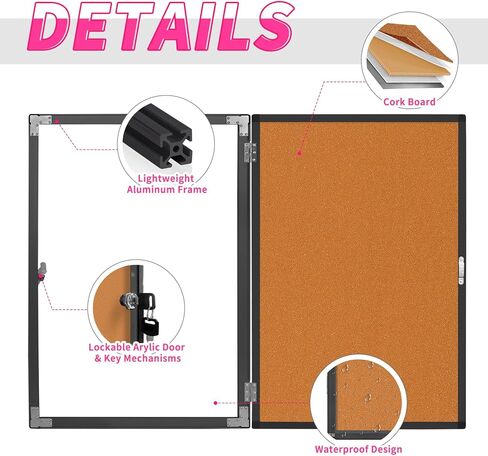 Outdoor Enclosed Bulletin Board, Weatherproof Cork Noticeboard with Clear Acrylic Locking Door, Wall-Mounted Black Aluminum Framed Display Case,36x24in (5xA4) in Kuwait