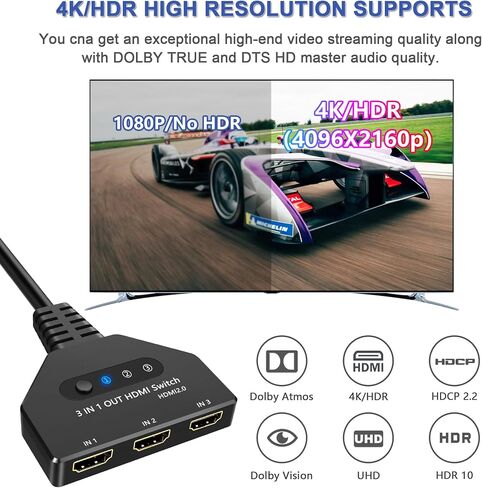 HDMI Switch 3 in 1 Out، 4K@30hz HDMI Splitter يدعم Full HD 1080P 3D متوافق مع Roku Fire TV Stick HDTV PS4/PS5 Xbox One Chromecast in Kuwait