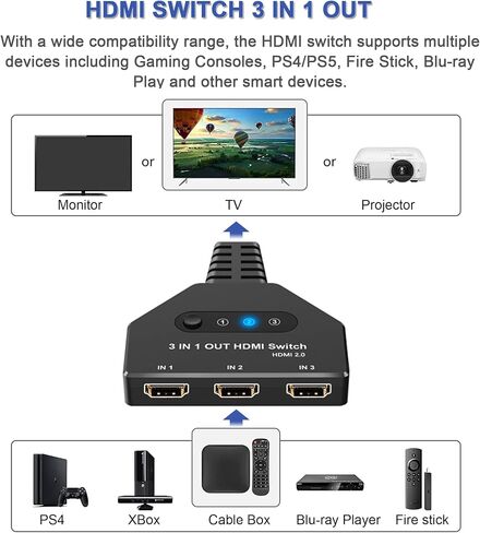 HDMI Switch 3 in 1 Out، 4K@30hz HDMI Splitter يدعم Full HD 1080P 3D متوافق مع Roku Fire TV Stick HDTV PS4/PS5 Xbox One Chromecast in Kuwait
