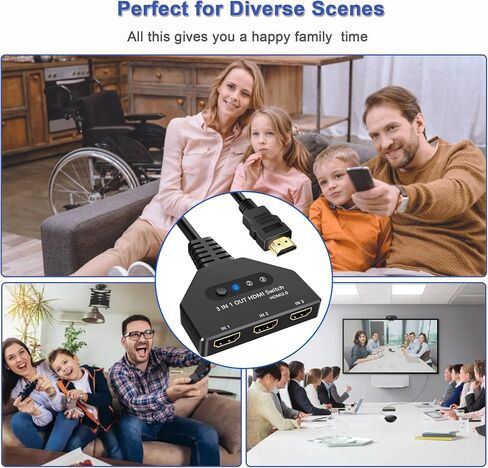 HDMI Switch 3 in 1 Out، 4K@30hz HDMI Splitter يدعم Full HD 1080P 3D متوافق مع Roku Fire TV Stick HDTV PS4/PS5 Xbox One Chromecast in Kuwait