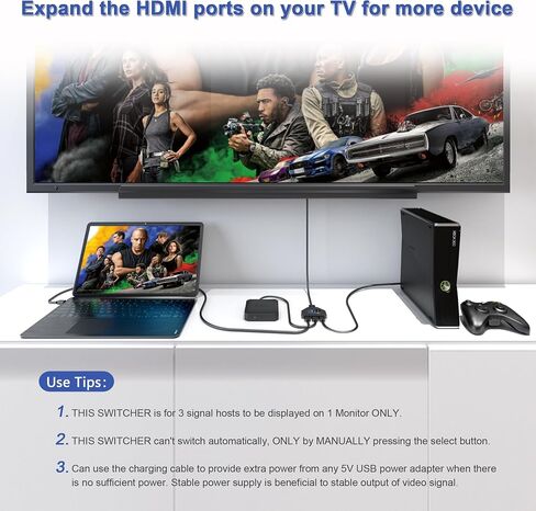 HDMI Switch 3 in 1 Out، 4K@30hz HDMI Splitter يدعم Full HD 1080P 3D متوافق مع Roku Fire TV Stick HDTV PS4/PS5 Xbox One Chromecast in Kuwait