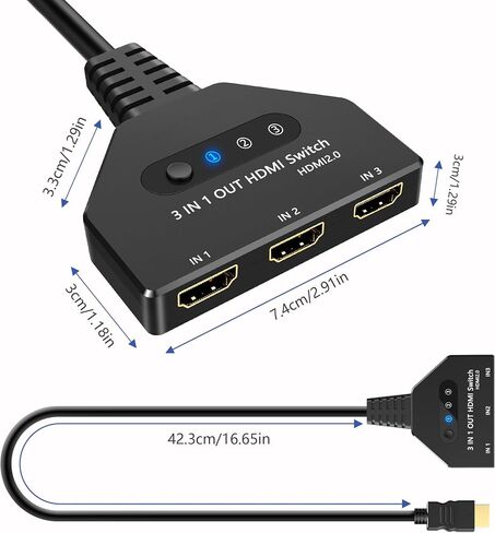 HDMI Switch 3 in 1 Out، 4K@30hz HDMI Splitter يدعم Full HD 1080P 3D متوافق مع Roku Fire TV Stick HDTV PS4/PS5 Xbox One Chromecast in Kuwait