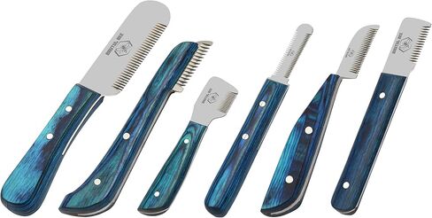 Stripping Knives Set of 6 in Stainless Steel, Wooden Handle, Non-Slip Tools for Grooming Dogs (Blue) in Kuwait
