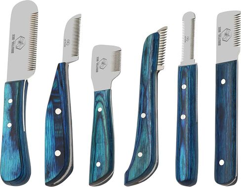 Stripping Knives Set of 6 in Stainless Steel, Wooden Handle, Non-Slip Tools for Grooming Dogs (Blue) in Kuwait
