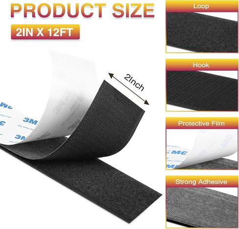 12Ft x 2 Inch Hook and Loop Tape, Heavy Duty Double-Sided Adhesive Strips, Strong Sticky Back Fastener Roll, Cuttable Interlocking Tape Fasteners for Home, Office, Car, School & DIY Crafts Black in Saudi Arabia