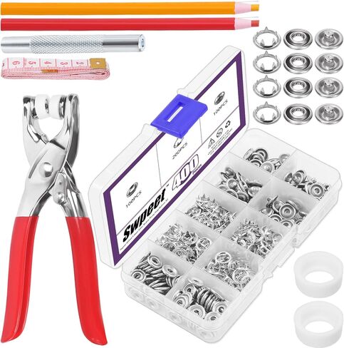 Swpeet 100 Sets 9.5mm/0.37" Silver Hollow Metal Snaps Buttons with Snap Fasteners Pliers Pull Crayons Tape Measure Assortment Kit, Leather Snap Button Fasteners Tools Kit for Clothing Sewing Crafting in Saudi Arabia