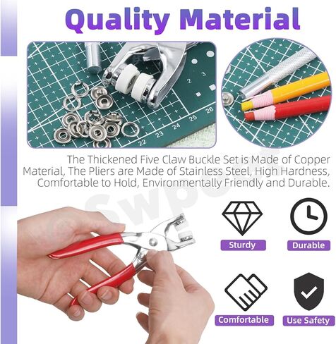 Swpeet 100 Sets 9.5mm/0.37" Silver Hollow Metal Snaps Buttons with Snap Fasteners Pliers Pull Crayons Tape Measure Assortment Kit, Leather Snap Button Fasteners Tools Kit for Clothing Sewing Crafting in Saudi Arabia