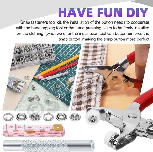 Swpeet 100 Sets 9.5mm/0.37" Silver Hollow Metal Snaps Buttons with Snap Fasteners Pliers Pull Crayons Tape Measure Assortment Kit, Leather Snap Button Fasteners Tools Kit for Clothing Sewing Crafting in Saudi Arabia