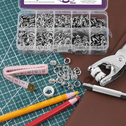 Swpeet 100 Sets 9.5mm/0.37" Silver Hollow Metal Snaps Buttons with Snap Fasteners Pliers Pull Crayons Tape Measure Assortment Kit, Leather Snap Button Fasteners Tools Kit for Clothing Sewing Crafting in Saudi Arabia