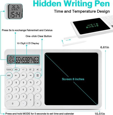 Calculator Notepad with 8 Inch LCD Writing Tablet,Desk Calculator with Writing Pen,Small Calculator with Time, Basic Calculator for Office School Kids in Saudi Arabia