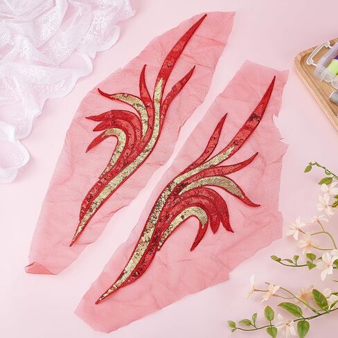 MAYJOYDIY 2 Pairs Red Sequin Flower Lace Fabric, 3D Floral Embroidery Appliques Embroidered Gown Patch Noble Sexy Collar Sew Patches for DIY Sewing Crafts Cheongsam Wedding Dress Clothing Decoration in Kuwait