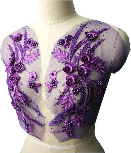 Lace Fabric 3D Flower Patches Tassel Beads Rhinestone Embroidered Wedding Gown Appliques Sew Patch for Dress DIY Decor 2 Pcs (Purple) in Saudi Arabia