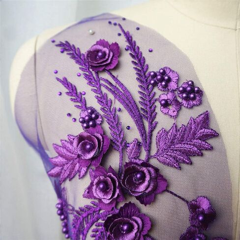 Lace Fabric 3D Flower Patches Tassel Beads Rhinestone Embroidered Wedding Gown Appliques Sew Patch for Dress DIY Decor 2 Pcs (Purple) in Saudi Arabia