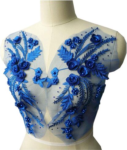 Lace Fabric 3D Flower Patches Tassel Beads Rhinestone Embroidered Wedding Gown Appliques Sew Patch for Dress DIY Decor 2 Pcs (Purple) in Saudi Arabia
