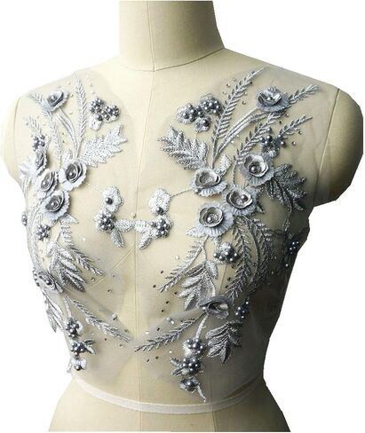 Lace Fabric 3D Flower Patches Tassel Beads Rhinestone Embroidered Wedding Gown Appliques Sew Patch for Dress DIY Decor 2 Pcs (Purple) in Saudi Arabia