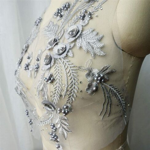 Lace Fabric 3D Flower Patches Tassel Beads Rhinestone Embroidered Wedding Gown Appliques Sew Patch for Dress DIY Decor 2 Pcs (Purple) in Saudi Arabia