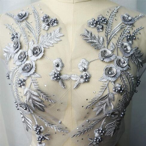 Lace Fabric 3D Flower Patches Tassel Beads Rhinestone Embroidered Wedding Gown Appliques Sew Patch for Dress DIY Decor 2 Pcs (Purple) in Saudi Arabia