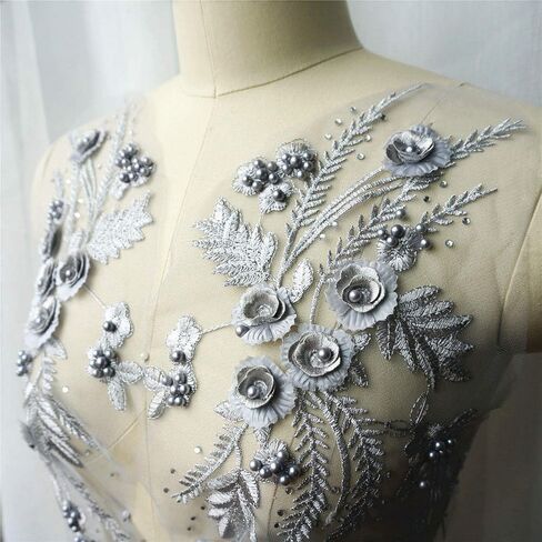 Lace Fabric 3D Flower Patches Tassel Beads Rhinestone Embroidered Wedding Gown Appliques Sew Patch for Dress DIY Decor 2 Pcs (Purple) in Saudi Arabia