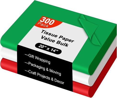 300 Sheets Christmas Tissue Paper for Gift Bags, AORZIT 20" x 14" Red Green White Tissue Paper Christmas Wrapping Paper Bulk for Xmas Gift Box Storage Wrap Clothes Packag Move Supplies Party Decor in Saudi Arabia