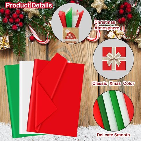 300 Sheets Christmas Tissue Paper for Gift Bags, AORZIT 20" x 14" Red Green White Tissue Paper Christmas Wrapping Paper Bulk for Xmas Gift Box Storage Wrap Clothes Packag Move Supplies Party Decor in Saudi Arabia