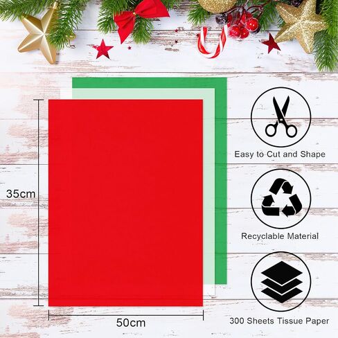 300 Sheets Christmas Tissue Paper for Gift Bags, AORZIT 20" x 14" Red Green White Tissue Paper Christmas Wrapping Paper Bulk for Xmas Gift Box Storage Wrap Clothes Packag Move Supplies Party Decor in Saudi Arabia