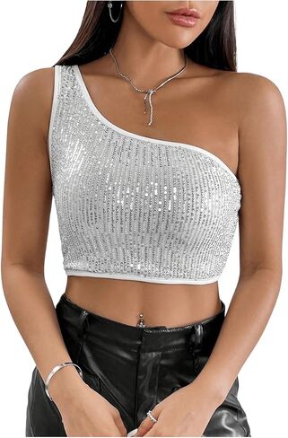 SHENHE Women's One Shoulder Sleeveless Sequin Glitter Party Cropped Tank Crop Tops in Kuwait