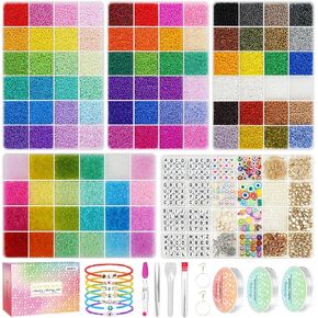 2mm Glass Seed Beads, 96 Colors 60000pcs Small Beads for Bracelets Making Waist Beads Craft Gift for Friendship Bracelets Jewelry Making with String Cords Tweezers Letter Beads Accessories