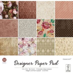 Vintage Flora 12x12 in Double Sided Paper Pad Pack Scrapbook Cardstock Decorative Paper - 36 Sheets - for Card Making Journaling Planner Origami Decopage Decorative Scrapbooking Supplies
