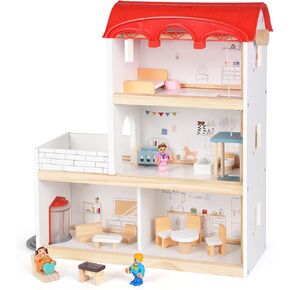 Wooden Dollhouse for Kids, Wood Doll Houses,Wood Playhouse, Three-Story Dollhouse with Furniture & Accessories, DIY Pretend Play Dream House with 3 Doll Figures, Gift for Toddlers & Young Girls