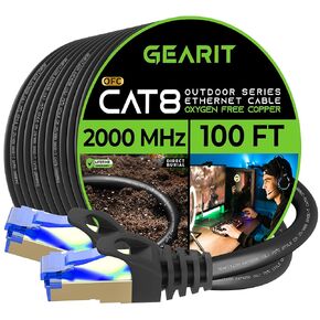 كابل إيثرنت مسطح خارجي GearIT Cat 8 (3 أقدام، أسود) سترة LLDPE مُصنفة للدفن المباشر - داخلي Cat8 محمي FTP 2000 ميجا هرتز 40 جيجابت في الثانية شبكة كمبيوتر ألعاب عالية السرعة RJ45 سلك توصيل بدون تشابك للإنترنت