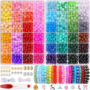 Wuollgess 1700Pcs 8mm Glass Beads for Jewelry Making, 48 Colors Crystal Beads for Bracelet Making Kit Round Beads DIY Craft for Teen Adults, 2 Box