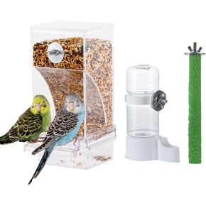 Set of 3 Automatic Bird Cage Feeders and Waterers for Cage, No Mess Bird Seed and Parrot Water Dispenser, Parrot Perch for Cages
