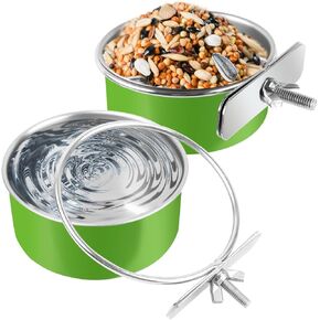Bird Feeding Dish Cups, 2 Pcs Stainless Steel Bird Food Bowls, Hanging Parrot Water Bowl with Clamp Holder, Bird Cage Coop Feeder for Parakeet Lovebirds Conure Budgies Small Animal