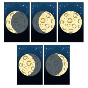 Glow-in-the-Dark Moon Phase- 5-Piece Poster Set - Unframed 11x17'' Lunar Cycle Wall Art Astronomy Decor, Celestial Decor for Kids Bedroom, Classroom, Playroom & Meditation Spaces.
