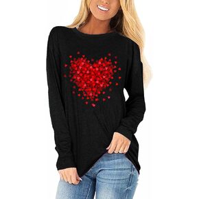 Woffccrd Womens Love Heart Shirts Long Sleeve Valentine's Day Crewneck Casual Plaid Heart Gnomes Graphic Tee Tops