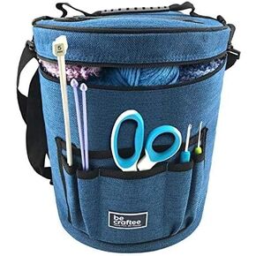 Crochet Bag Organizer - Large Yarn Bag to Store Crocheting & Knitting Supplies, Yarn Bag for Crochet Accessories - Crochet Organizer with 7 Pockets for Tools, Shoulder Strap and Handle - Blue