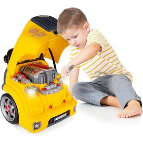 Car Engine Toy for Kids - School Bus Toy Motor Mechanic Set for Kids - Complete Interactive Truck Engine Toy with Tools, Nuts, Bolts - Take Apart Toy with Rotating Jack, Working Headlights, Car Alarm