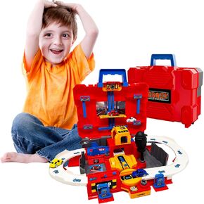 Crazy Truck 28 Piece Toolbox Garage Playset - Toddler Car Garage Playset with Track, Cars, Car Wash, Elevator, Fuel Station, Mechanic Garage, and More