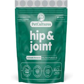 PetCultures Hip & Joint Joy - مكمل مشترك للكلاب مع بروبيوتيك بريبيوتيك للكلاب وبوستبيوتيك، 2 مليار CFU سلالات محددة للكلاب الجلوكوزامين للكلاب، MSM، شوندرويتين - أكياس مسحوق 30 قيراط