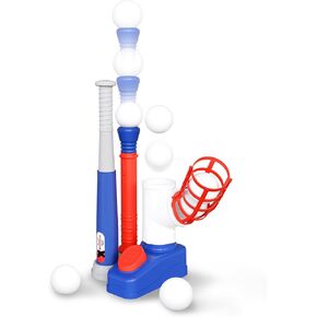 2-in-1 Tball Set for Toddlers 3-5, 6 Balls, Toddler Baseball with Tee Ball Stand, Step on Auto Launcher, Height-Adjustable, Baseball Gifts for Kids