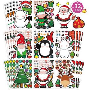 32 Sheets Christmas Party Games Stickers, Make Your Own Christmas Characters Mix and Match Sticker with Christmas Tree Santa Tree Gnome Elf Xmas Holiday Stickers Christmas Party Game Craft Supplies
