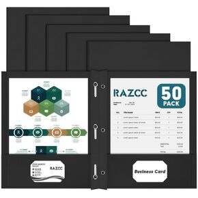 Two Pocket Folders, RAZCC 50 Pack Two Pocket Folders with Prongs, 3 Prong Folders Fit Letter Size Paper, Pocket Paper File Folders for School Office Home Business, Assorted 5 Colors