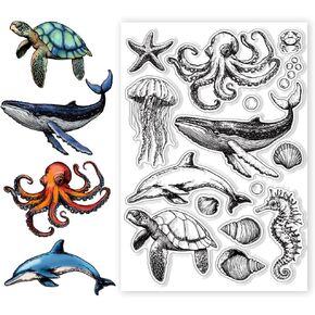 CHGCRAFT Marine Animals Whales Turtles Clear Stamp Custom Silicone Clear Stamps for DIY Scrapbooking Photo Album Decorative Cards Making, Marine Animals, 8.27×5.83 x 0.12 inch